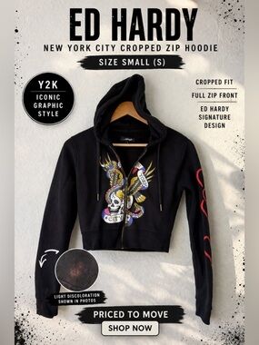 Ed Hardy New York City Cropped Zip Hoodie Black Graphic Y2K Size S